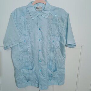 Vintage Tony Creations Blue Guayabera Shirt XL 42 Mexico Embroidered Wedding